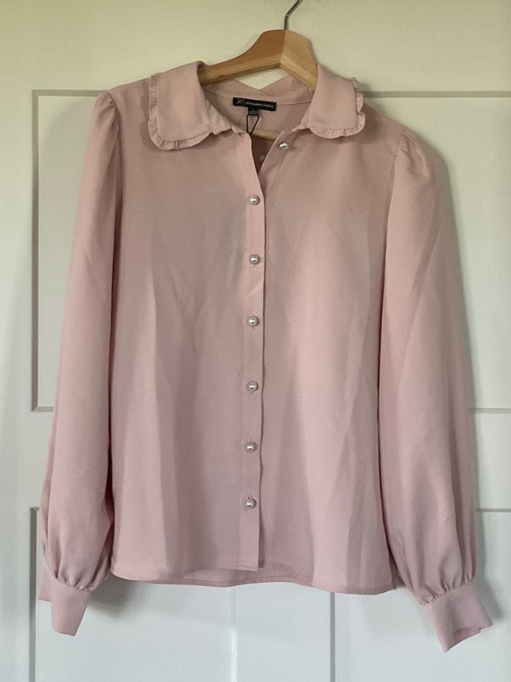 Adrianna Papell Dusty Pink Pearl-Button Ruffle Collar Women Blouse NWT